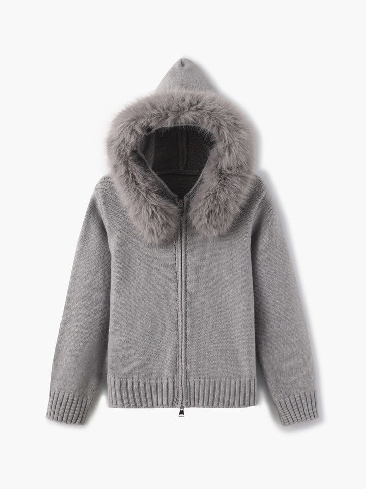 Juniper | Stylish Knit Zip-Up Cardigan With Faux Fur Hood