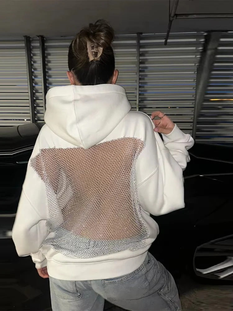 Addison | Chic Oversized Mesh Back Net Panel Hoodie Women