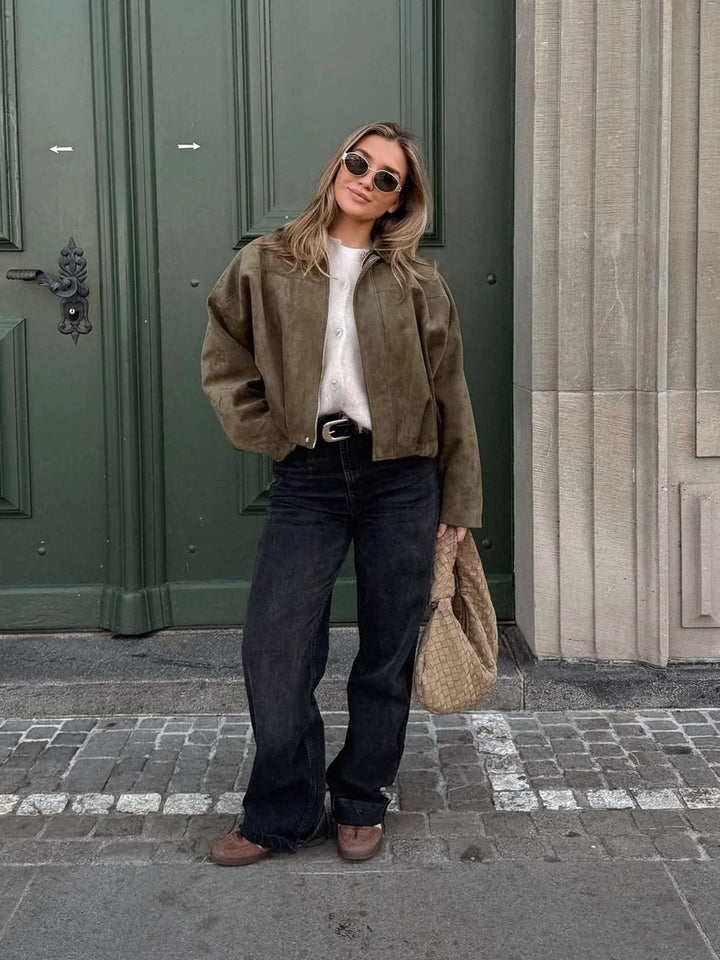 Juniper | Chic Collared Faux Suede Bomber Jacket Women