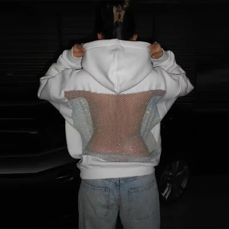 Addison | Chic Oversized Mesh Back Net Panel Hoodie Women
