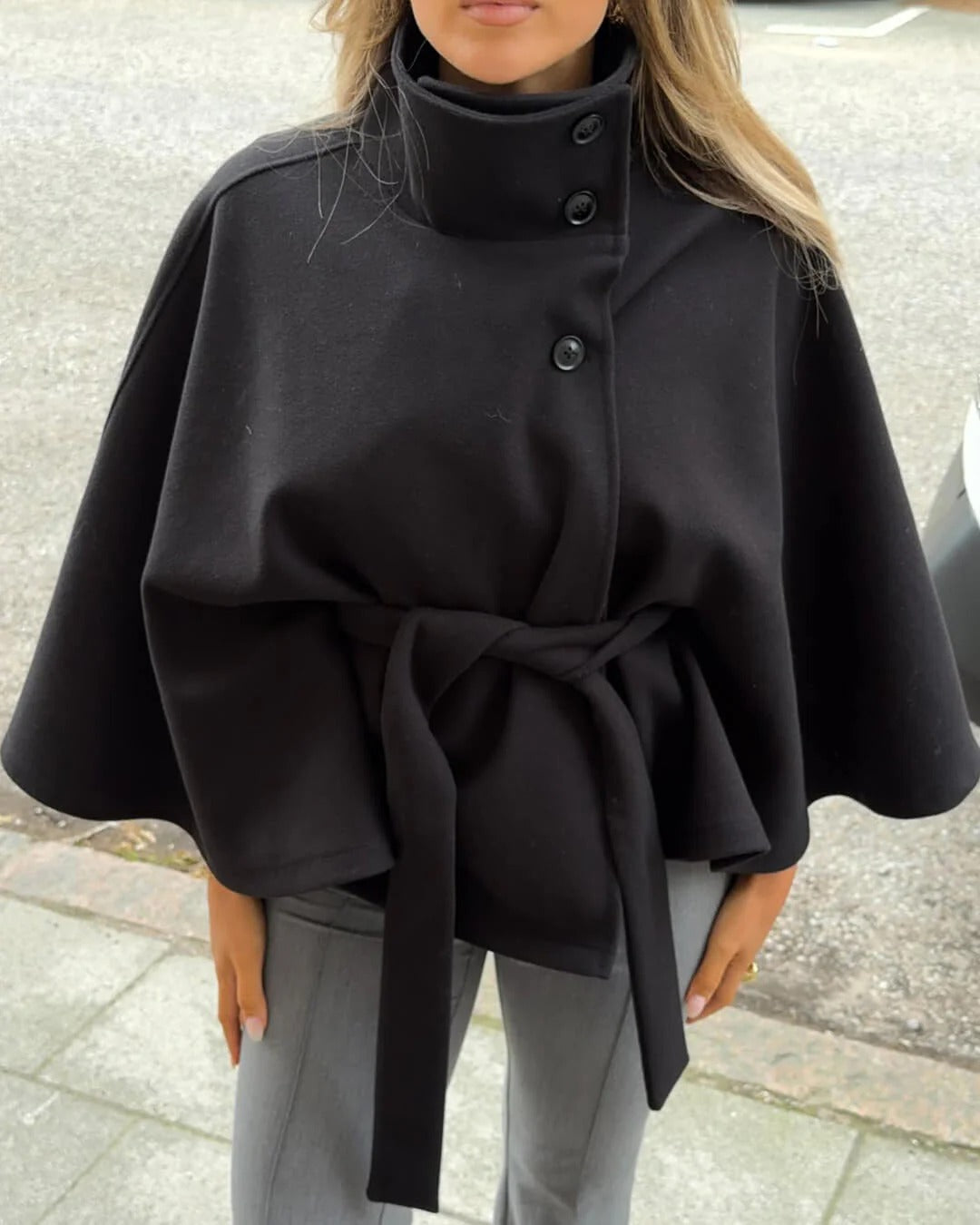 Juniper | Elegant Wool Blend Cape Coat With Belt - Navy