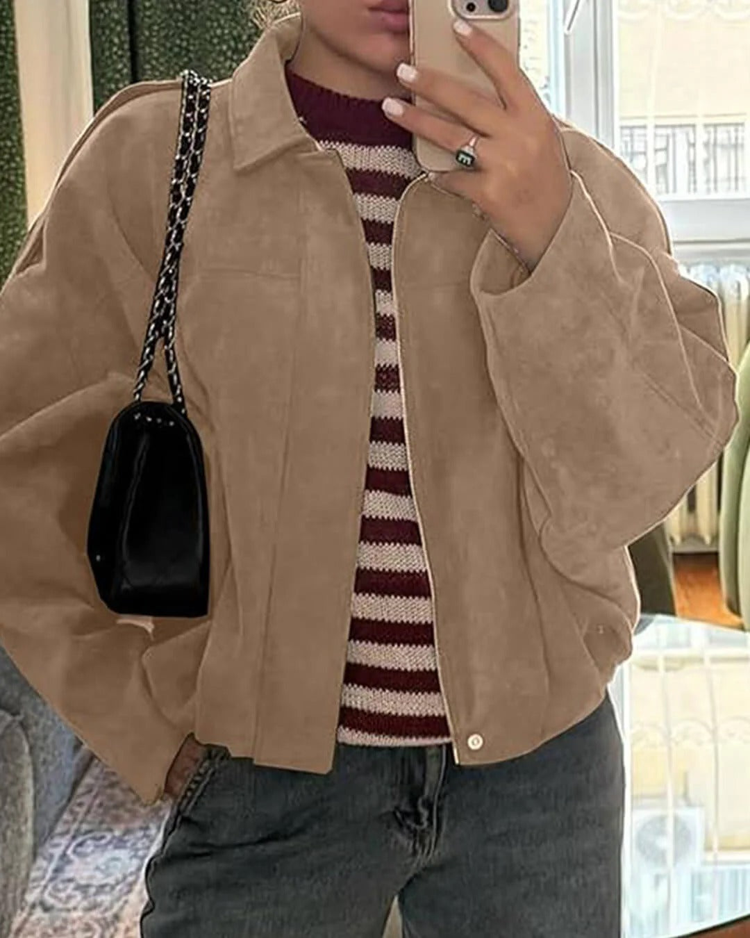 Juniper | Chic Collared Faux Suede Bomber Jacket Women