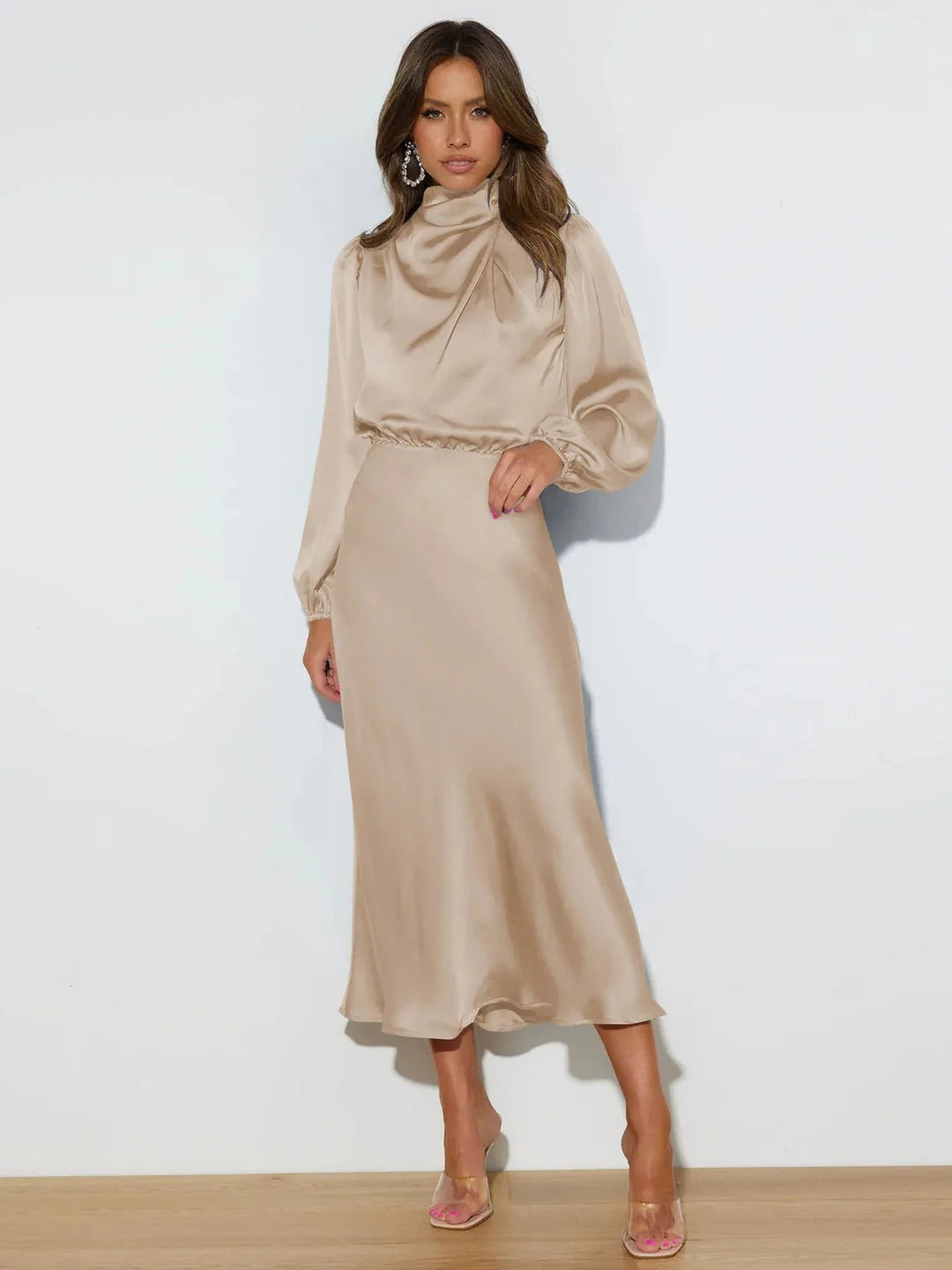 Tamara | Elegant Satin Draped High Neck Long Sleeve Midi Dress