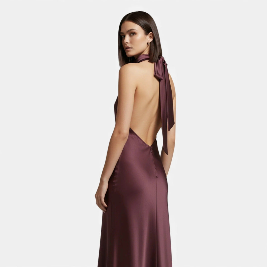 Meredith | Elegant Black Satin Halter Neck Maxi Dress
