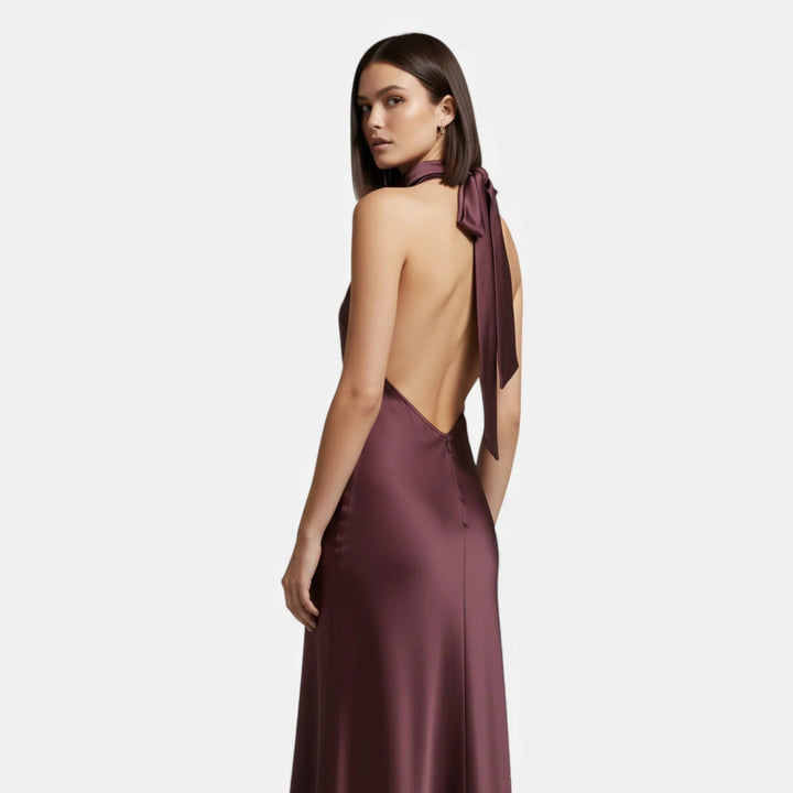 Meredith | Elegant Black Satin Halter Neck Maxi Dress