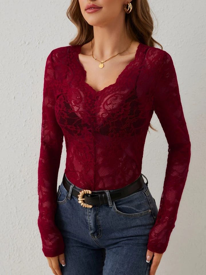 Angelica | Elegant Black Lace V-Neck Long Sleeve Top Women