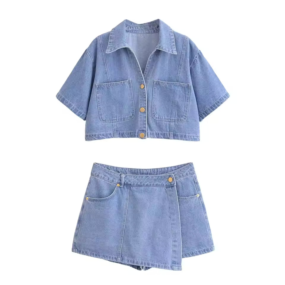 Ophelia | Chic Denim Crop Top And Mini Skort Two Piece Set