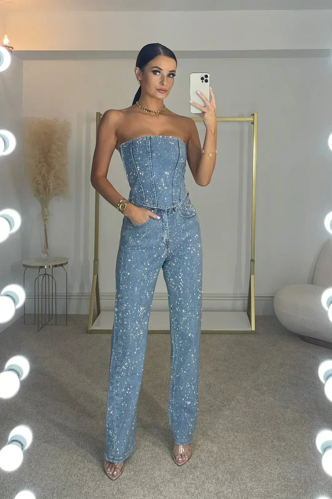 Cordelia | Chic Strapless Sequin Wide Leg Pants Set