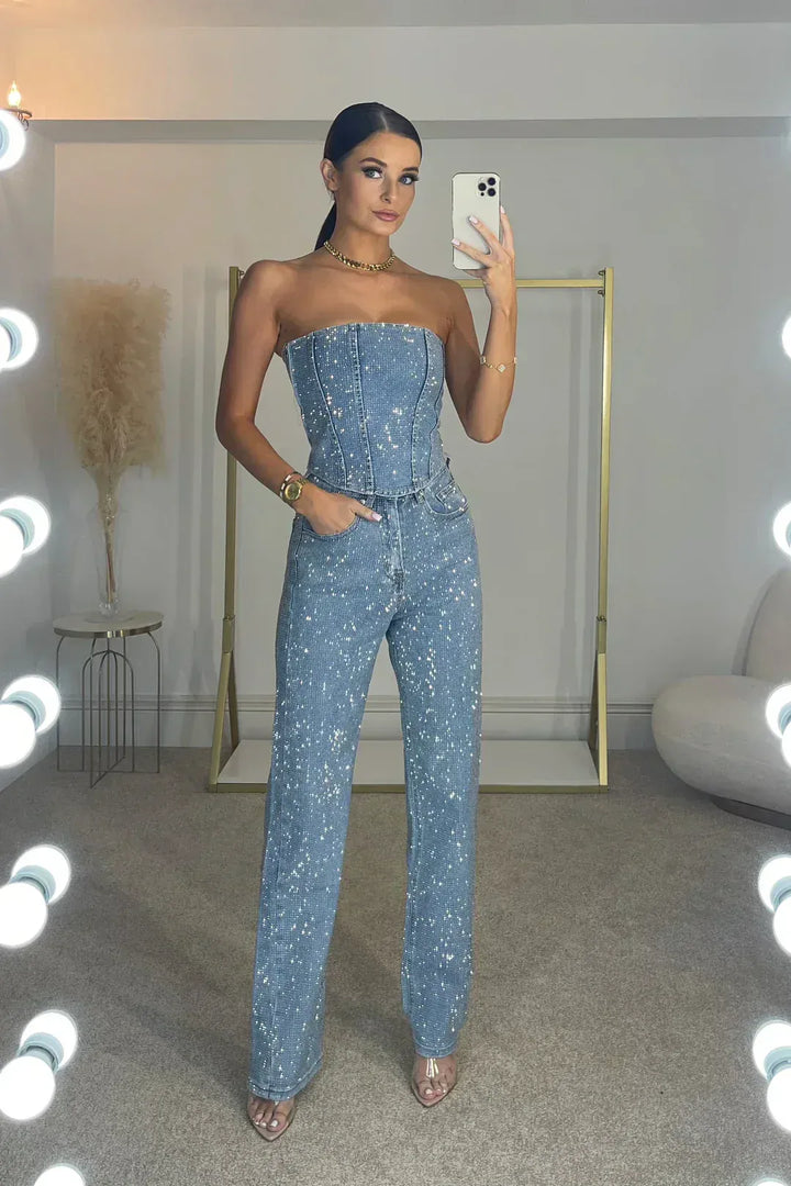 Cordelia | Chic Strapless Sequin Wide Leg Pants Set