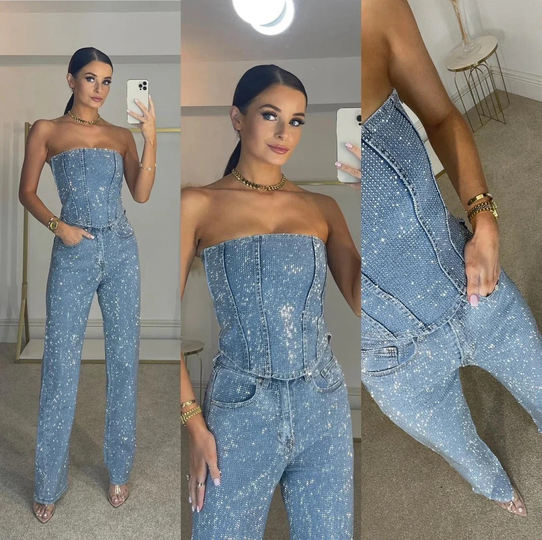 Cordelia | Chic Strapless Sequin Wide Leg Pants Set