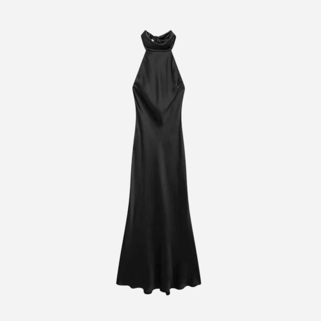 Meredith | Elegant Black Satin Halter Neck Maxi Dress