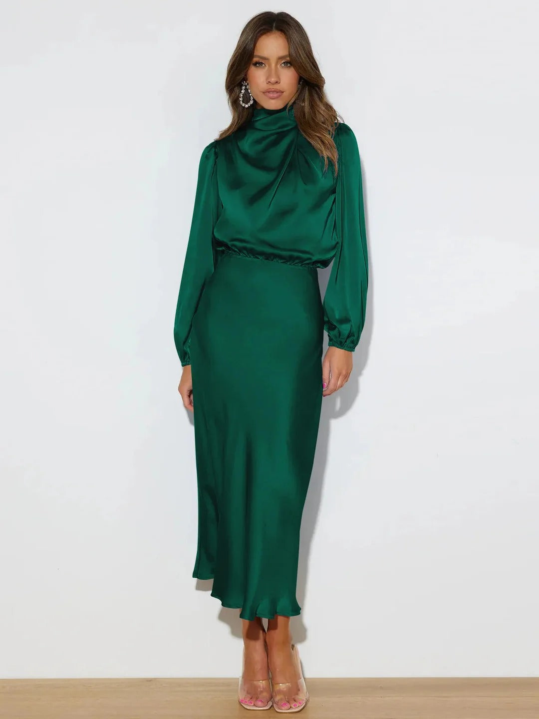 Tamara | Elegant Satin Draped High Neck Long Sleeve Midi Dress