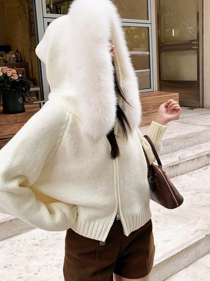 Juniper | Stylish Knit Zip-Up Cardigan With Faux Fur Hood