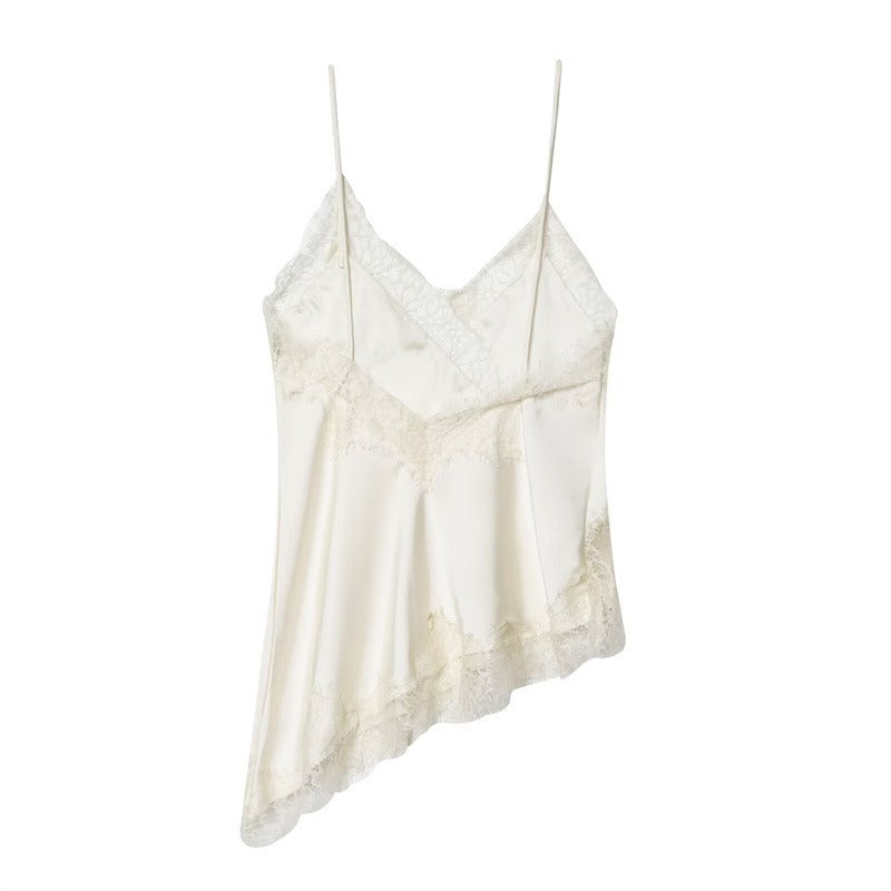 Estelle | Elegant Asymmetric Lace Trim Silk Cami Top