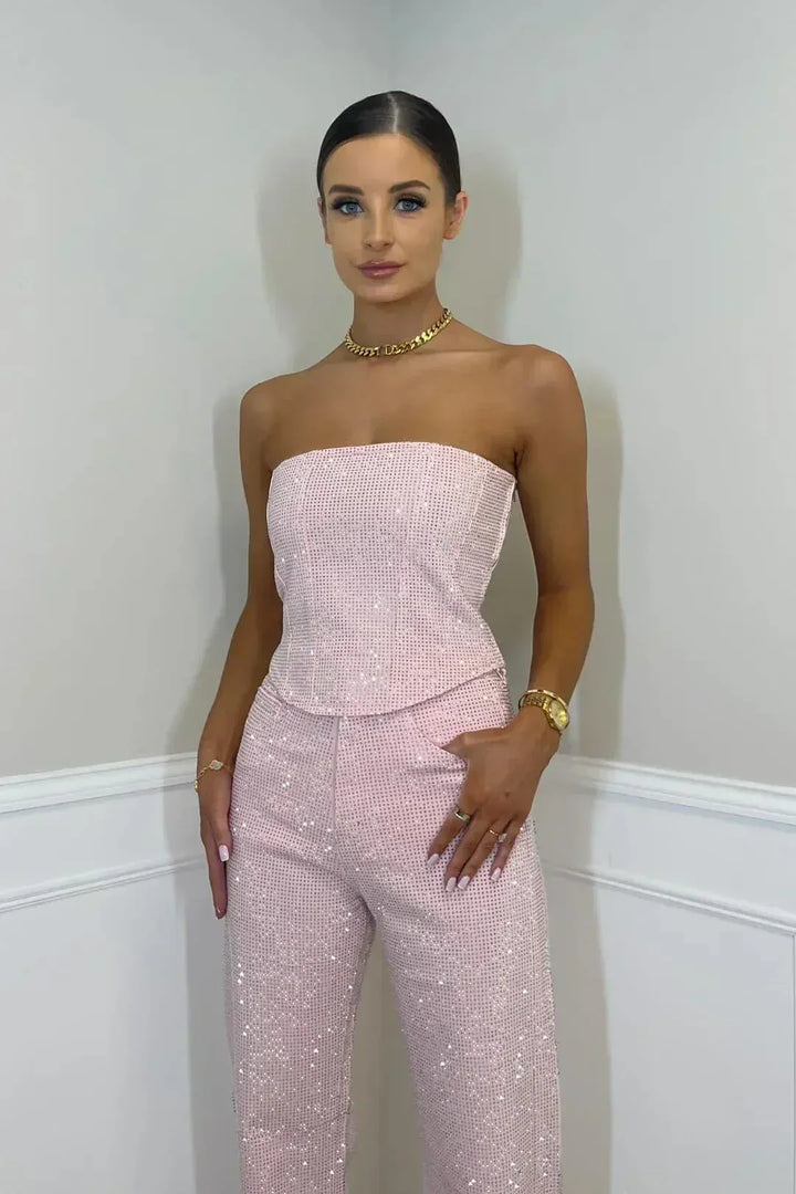 Cordelia | Chic Strapless Sequin Wide Leg Pants Set