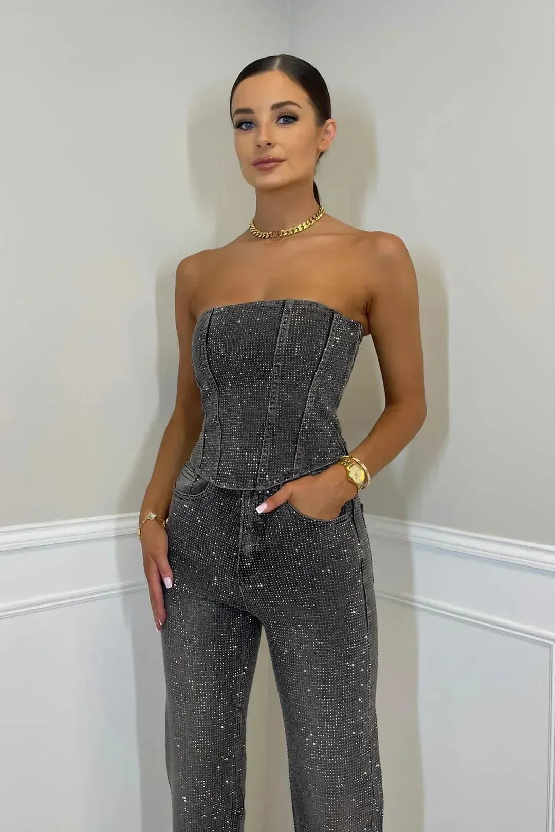 Cordelia | Chic Strapless Sequin Wide Leg Pants Set