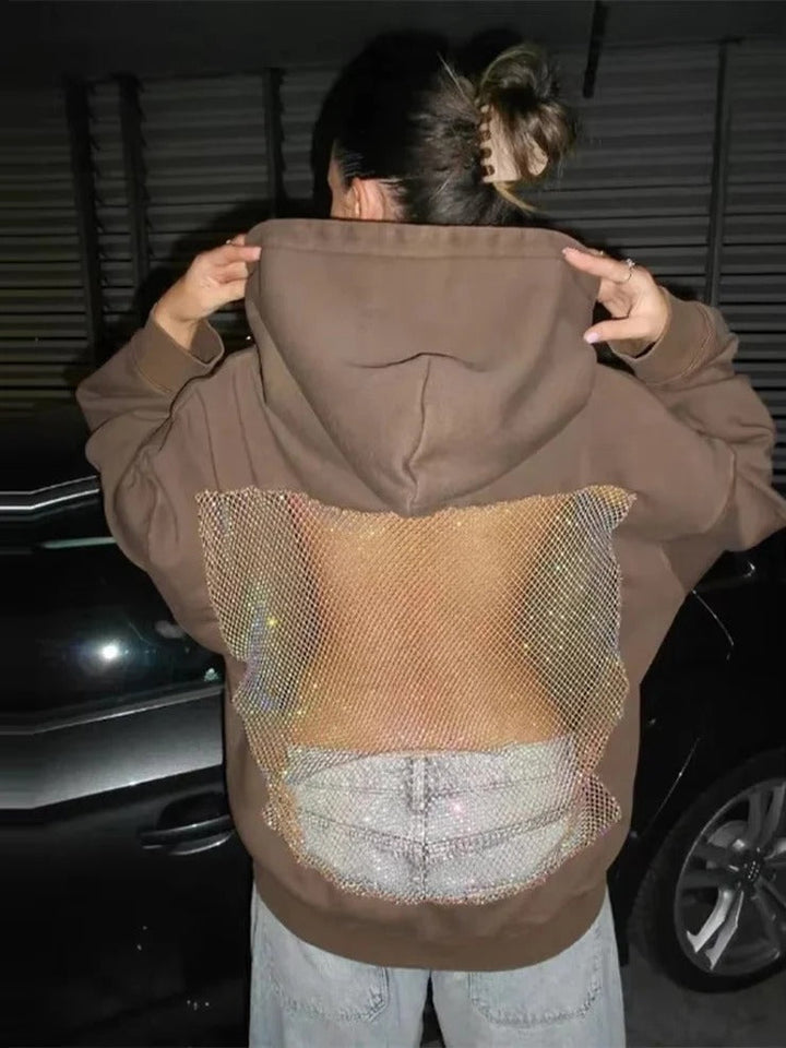 Addison | Chic Oversized Mesh Back Net Panel Hoodie Women