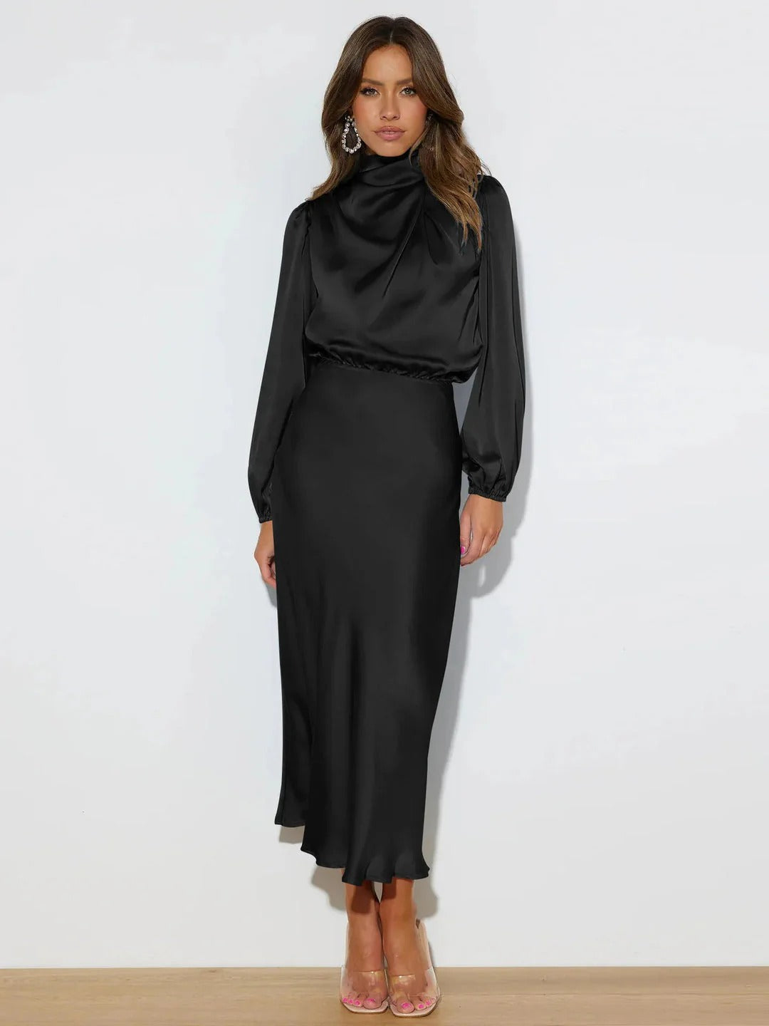 Tamara | Elegant Satin Draped High Neck Long Sleeve Midi Dress