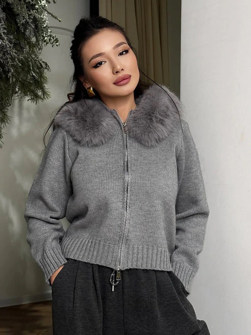 Juniper | Stylish Knit Zip-Up Cardigan With Faux Fur Hood