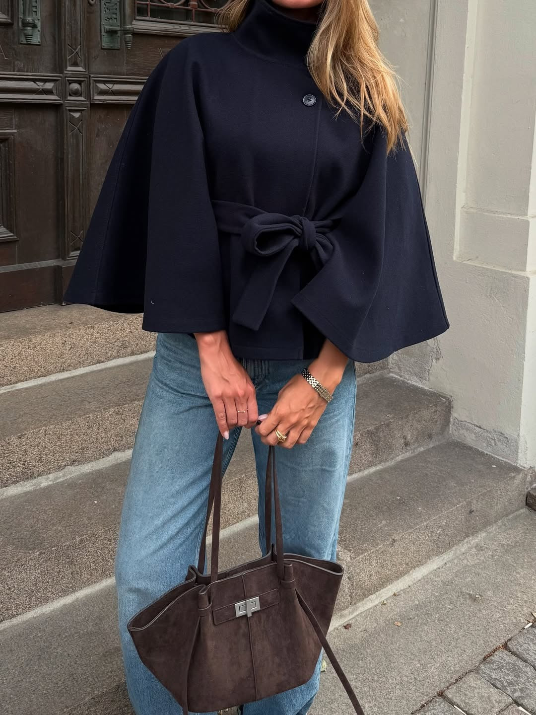 Juniper | Elegant Wool Blend Cape Coat With Belt - Navy