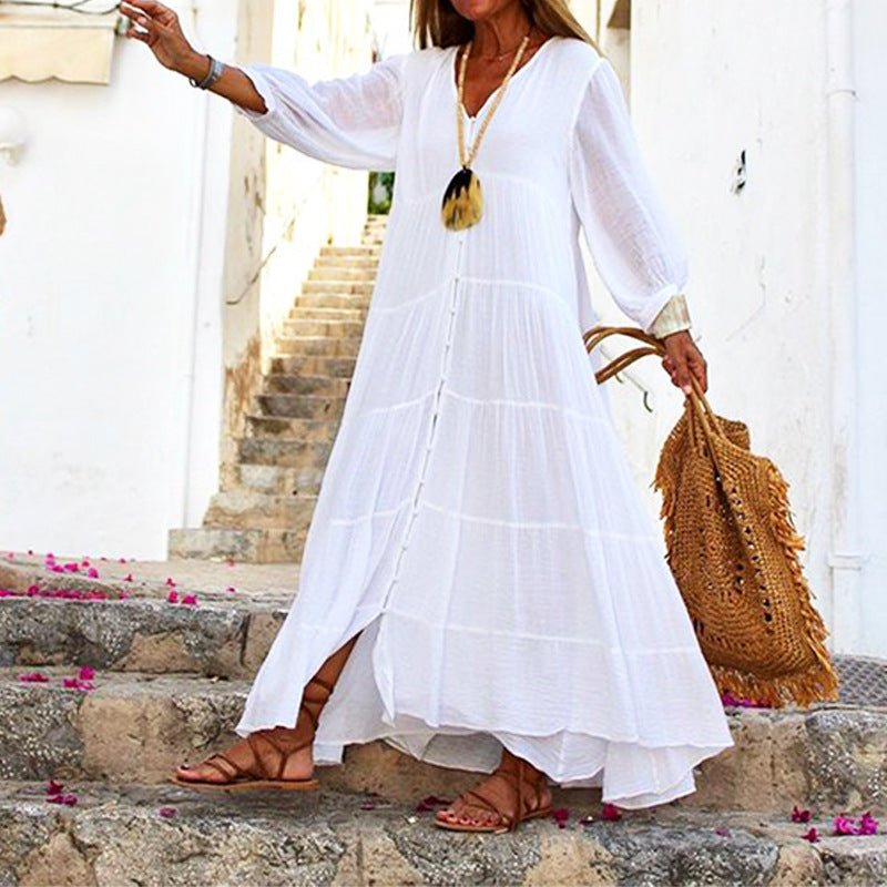 Diana | Elegant Tiered V-Neck White Maxi Dress With Long Sleeves