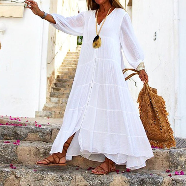 Diana | Elegant Tiered V-Neck White Maxi Dress With Long Sleeves