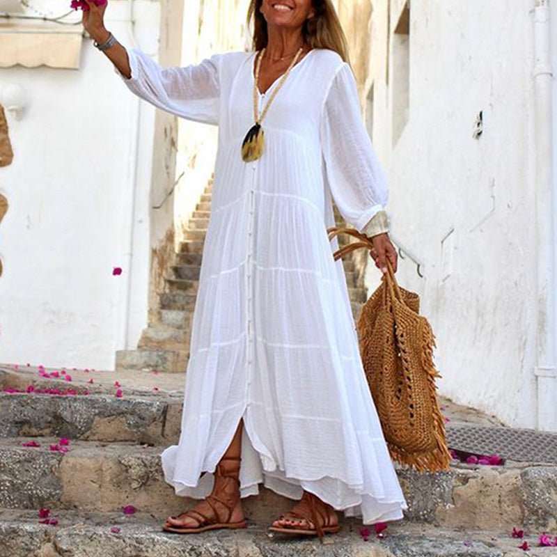 Diana | Elegant Tiered V-Neck White Maxi Dress With Long Sleeves