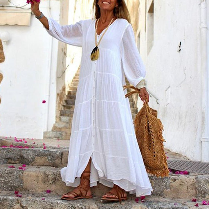 Diana | Elegant Tiered V-Neck White Maxi Dress With Long Sleeves
