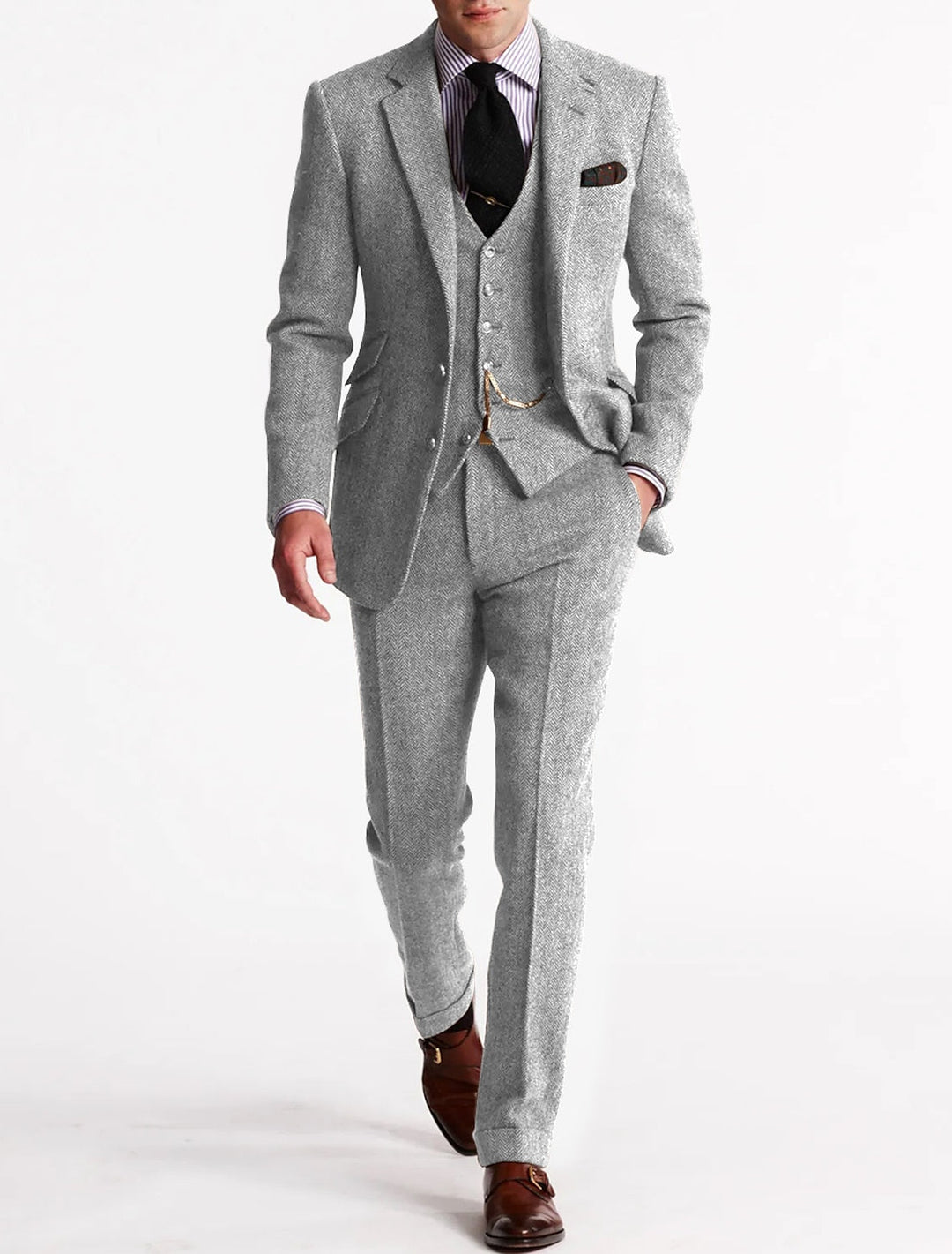 Men's Brown Three Piece Tweed Business Suit With Vest