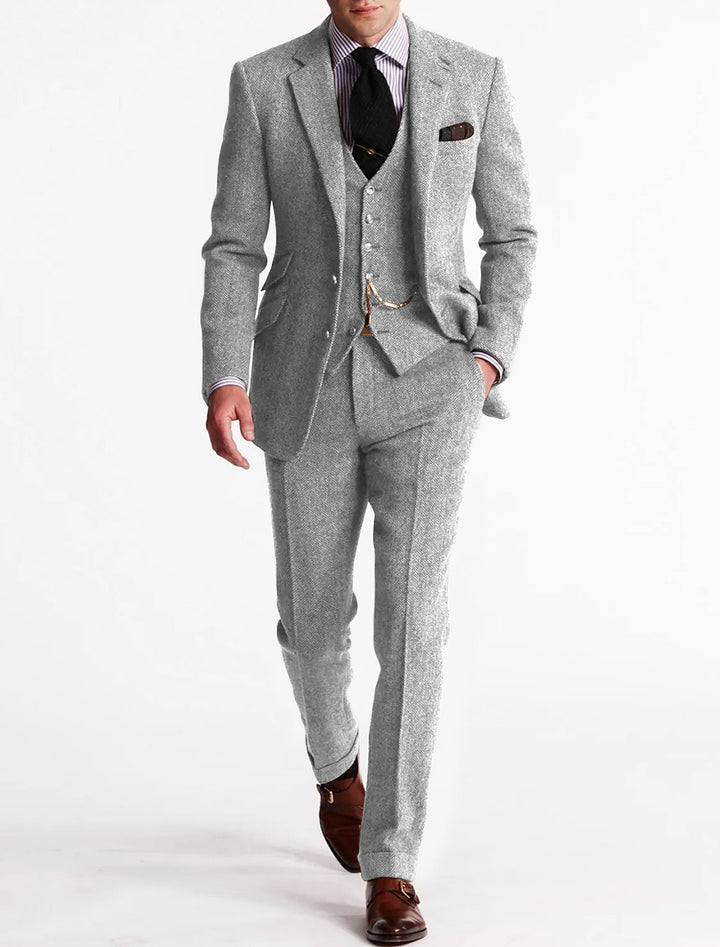 Men's Brown Three Piece Tweed Business Suit With Vest