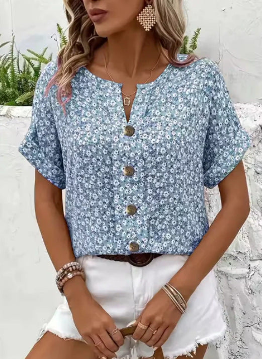 Wren | Stylish Floral Button-Up Blouse With V-Neck Detail