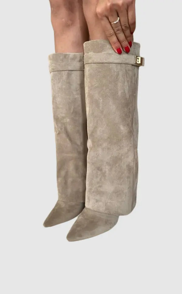 Victoria | Elegant Knee High Suede Boots With Block Heels