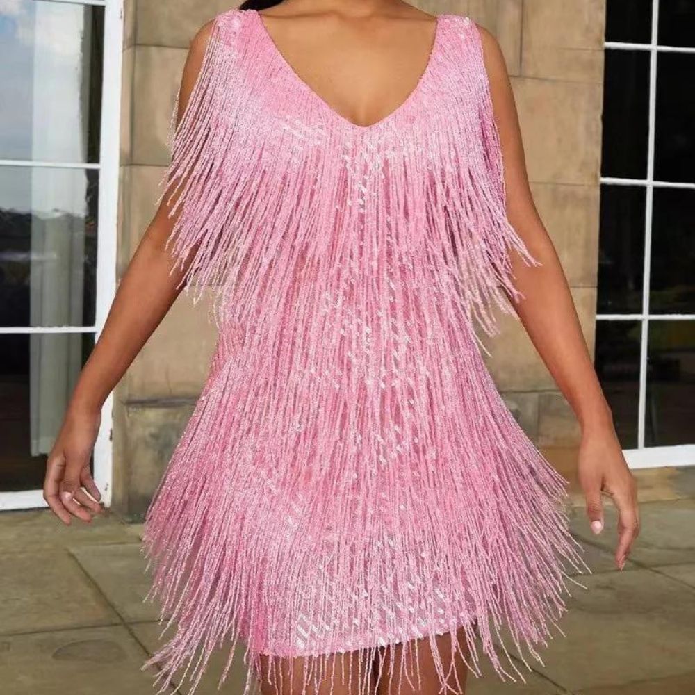 Felicity | Glamorous V-Neck Sequin Mini Dress With Fringe Detail