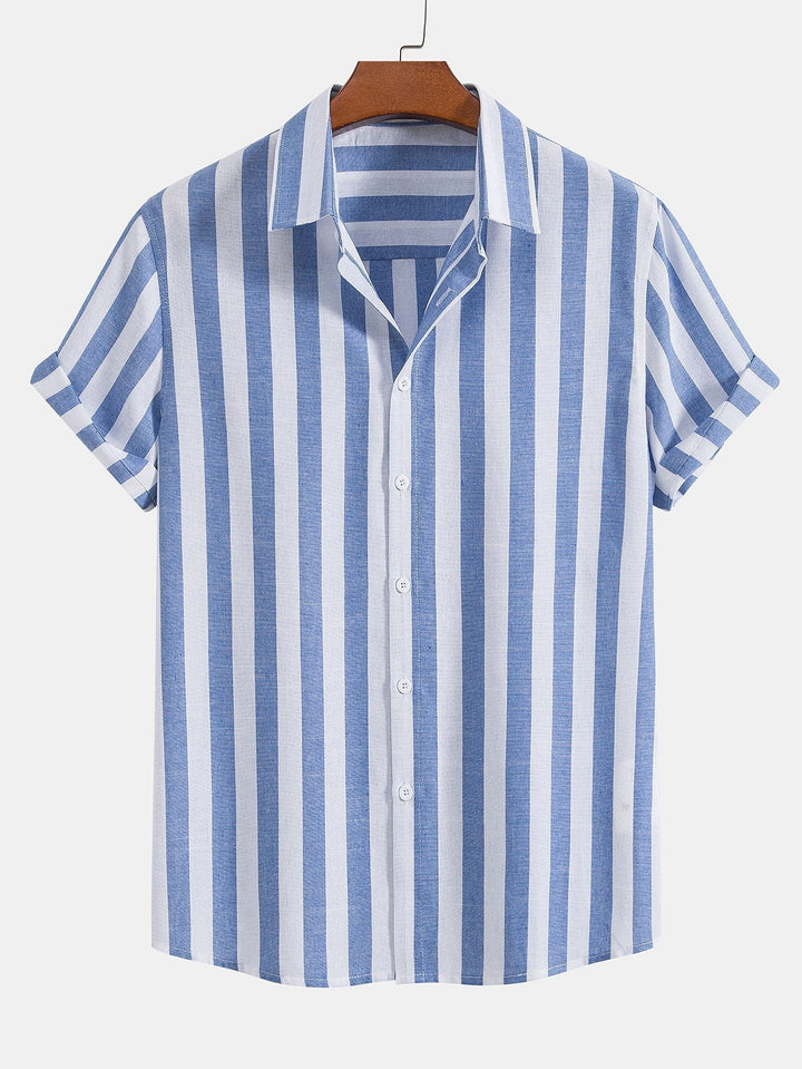 Santorini | Elegant Striped Short Sleeve Shirt & White Linen Pant Set