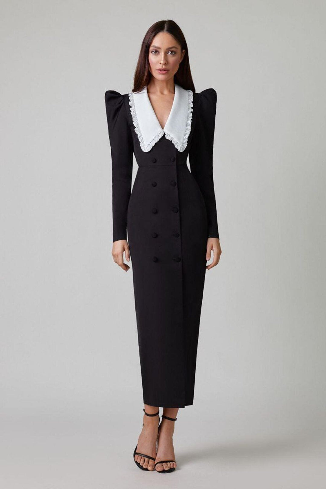 Kathy | Elegant Peter Pan Collar V-Neck Button-Up Midi Dress
