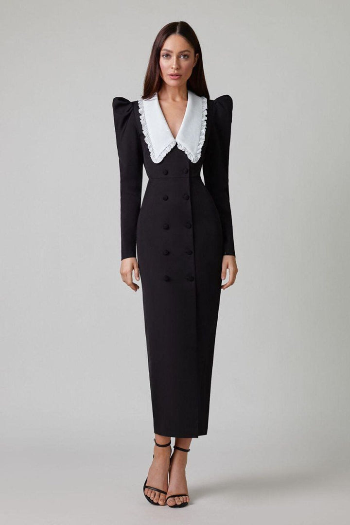 Kathy | Elegant Peter Pan Collar V-Neck Button-Up Midi Dress