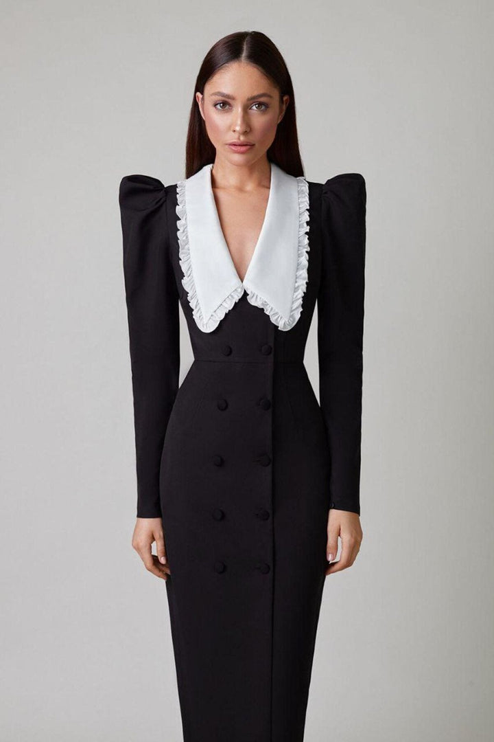 Kathy | Elegant Peter Pan Collar V-Neck Button-Up Midi Dress