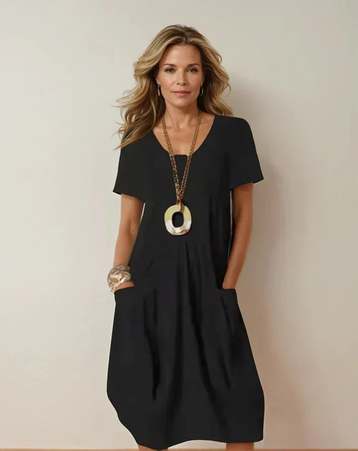 Leona | Effortless V-Neck Midi Dress With Pockets