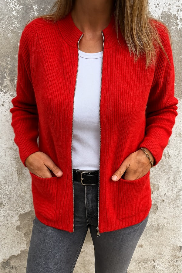 Rowan | Chic Ribbed Zip-Up Cardigan With Pockets