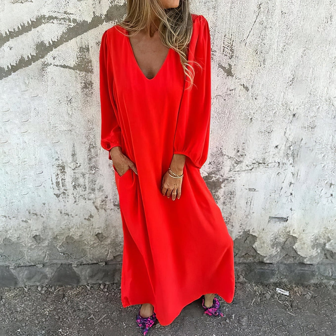 Stella | Elegant V-Neck Long Sleeve Boho Maxi Dress