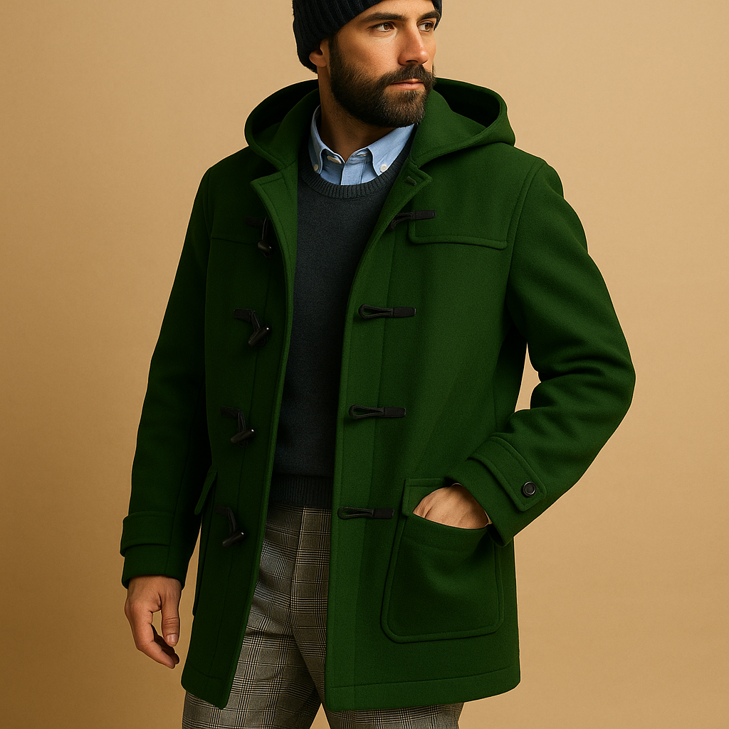 Men's Green Hooded Duffle Coat With Toggle Closures