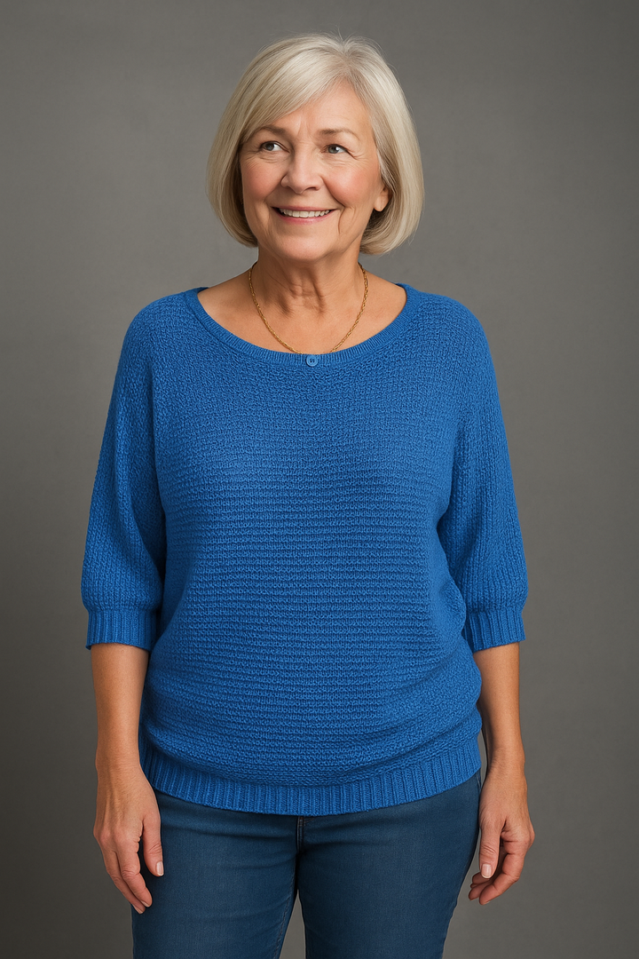 Lila | Chic Blue Textured Knit Pullover With 3/4 Sleeves