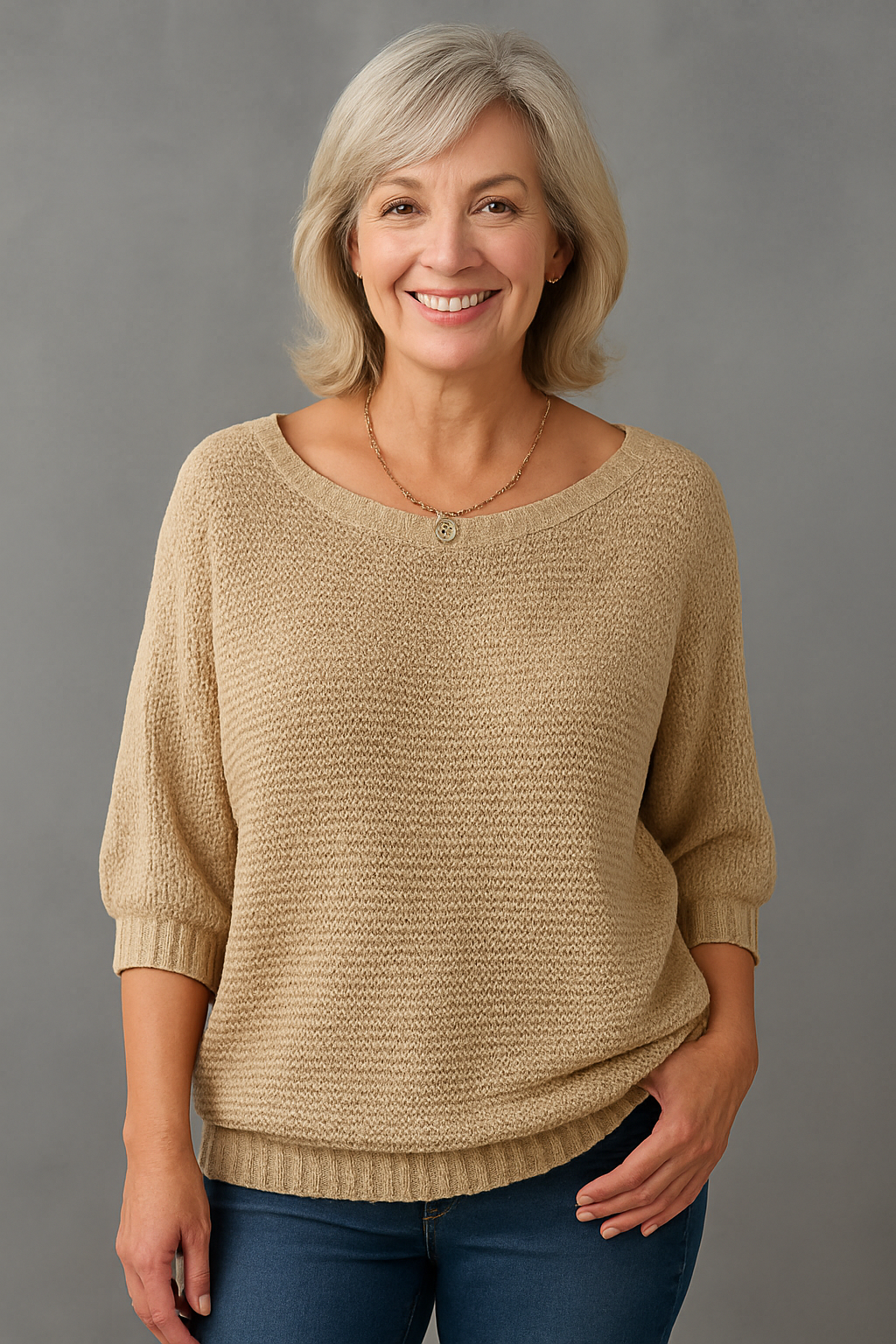 Lila | Chic Blue Textured Knit Pullover With 3/4 Sleeves