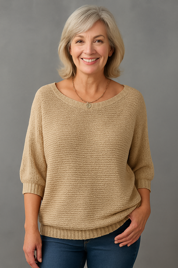 Lila | Chic Blue Textured Knit Pullover With 3/4 Sleeves
