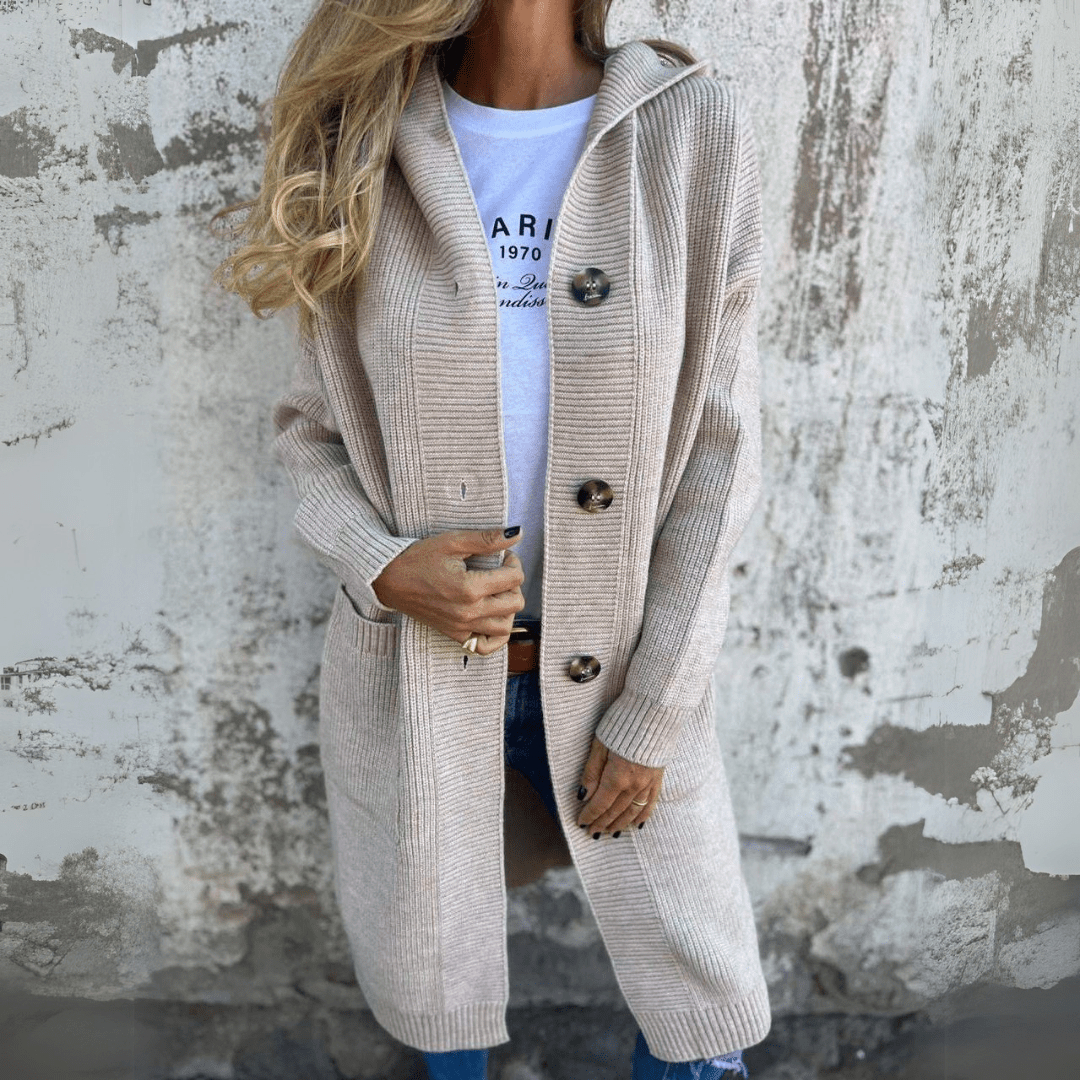 Aria | Elegant Long Button Cardigan With Ribbed Detail