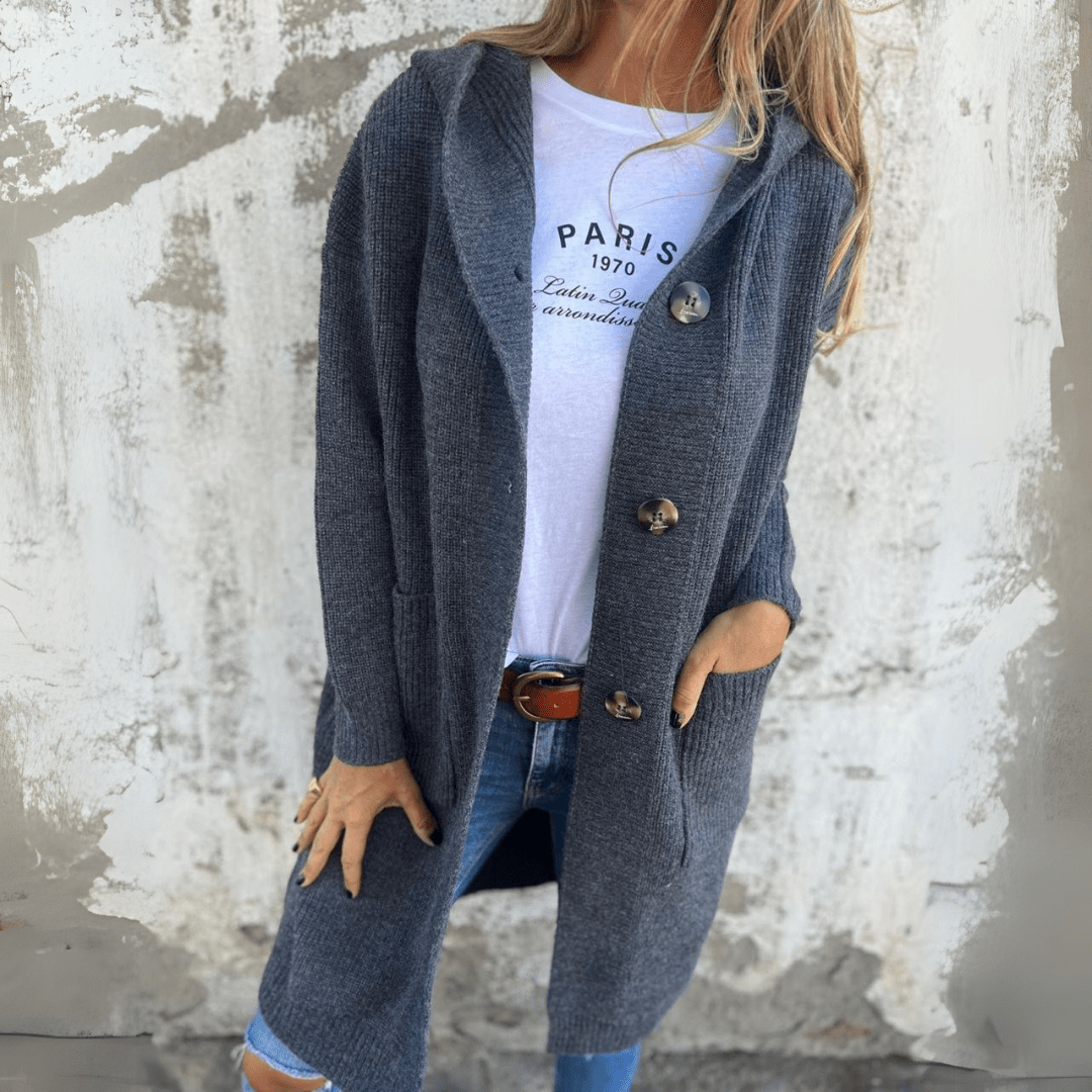 Aria | Elegant Long Button Cardigan With Ribbed Detail