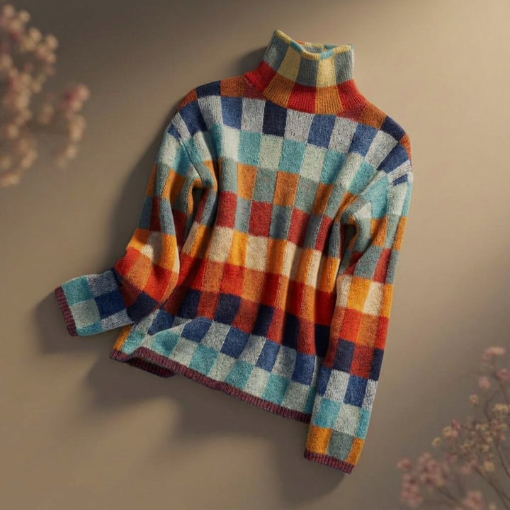Eloise | Chic Checkered Mock Neck Merino Wool Sweater