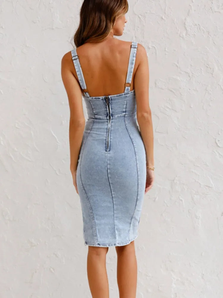 Mirabella | Stylish Backless Denim Midi Dress With Adjustable Straps