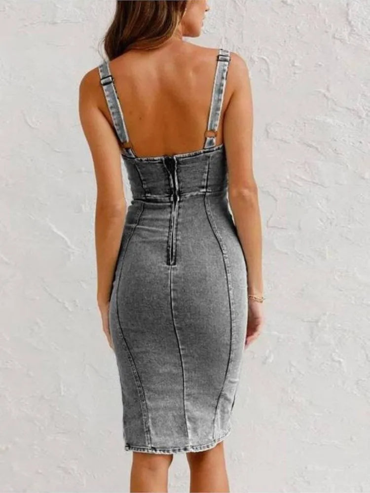Mirabella | Stylish Backless Denim Midi Dress With Adjustable Straps