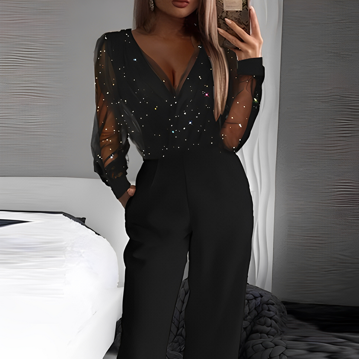 Elyse | Elegant V-Neck Wide Leg Sequin Mesh Sleeve Jumpsuit